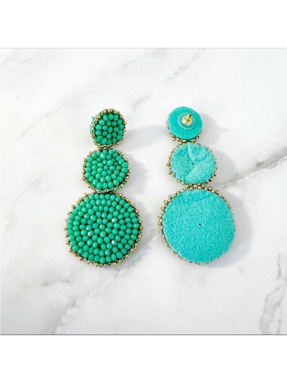 Disc Drop Beaded Teal and Gold Earrings